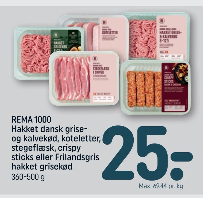 REMA 1000 Hakket dansk grise- og kalvekød, koteletter, stegeflæsk, crispy sticks eller Frilandsgris hakket grisekød 360-500 g – Rema 1000