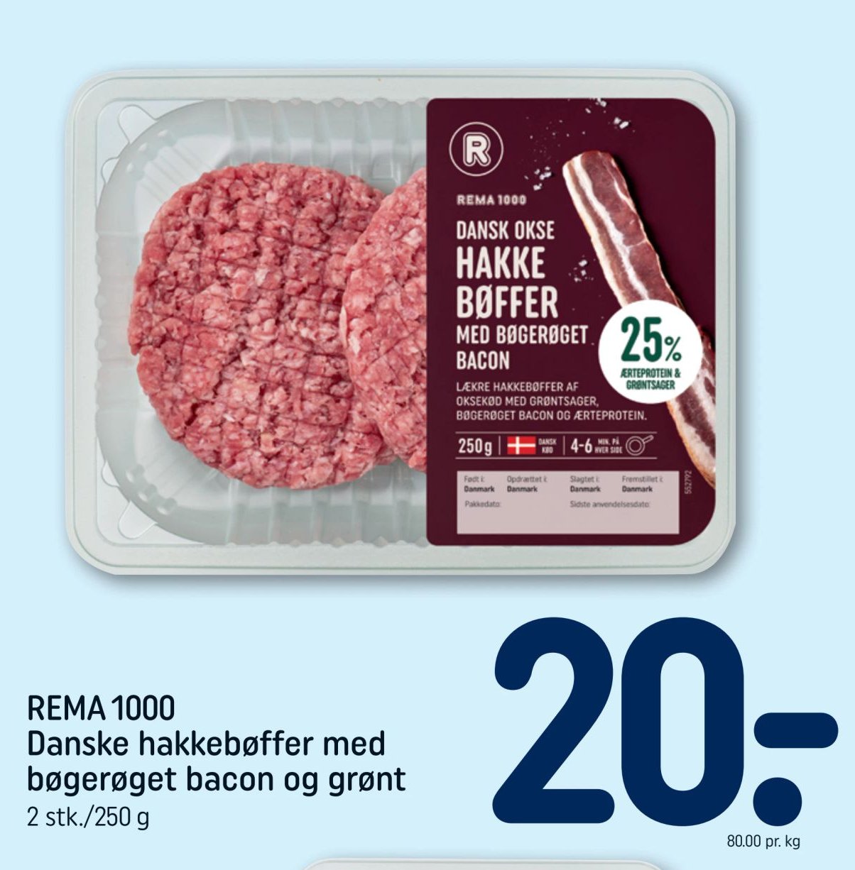 REMA 1000 Danske hakkebøffer med bøgerøget bacon og grønt 2 stk./250 g – Rema 1000