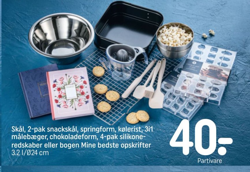 Skål, 2-pak snackskål, springform, kølerist, 3i1 målebæger, chokoladeform, 4-pak silikoneredskaber eller bogen Mine bedste opskrifter – Rema 1000