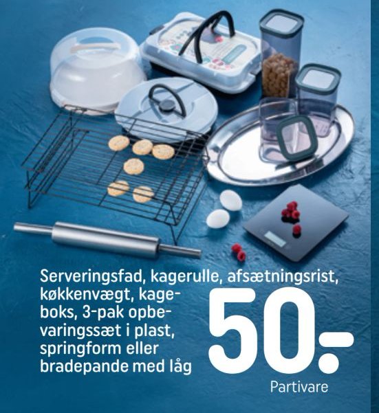 Serveringsfad, kagerulle, afsætningsrist, køkkenvægt, kageboks, 3-pak opbevaringssæt i plast, springform eller bradepande med låg – Rema 1000