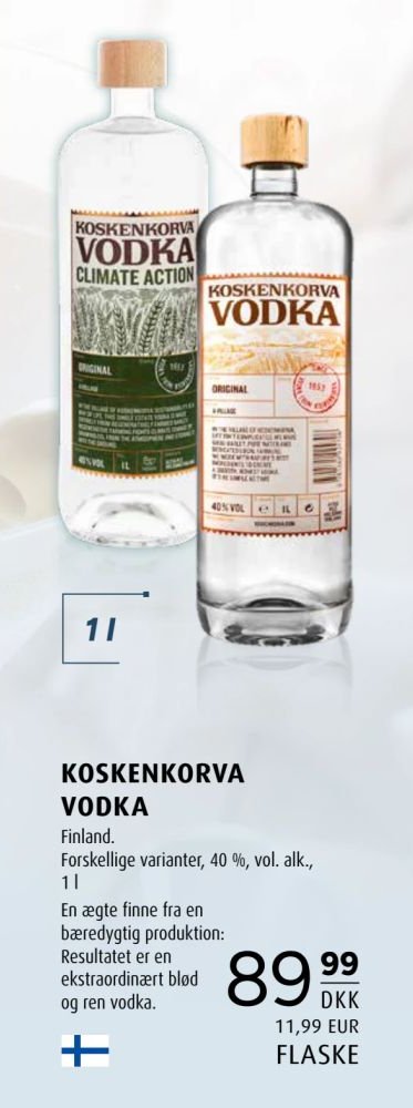 KOSKENKORVA VODKA Finland. Forskellige varianter, 40 %, vol. alk., 1 l En ægte finne fra en bæredygtig produktion: Resultatet er en ekstraordinært blød og ren vodka. – Scandinavian Park