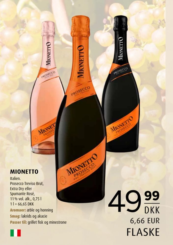 MIONETTO Italien. Prosecco Treviso Brut, Extra Dry eller Spumante Rosé, 11% vol. alk., 0,75 l – Scandinavian Park