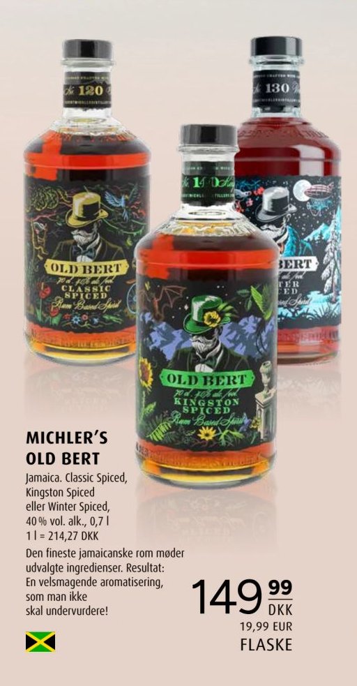 MICHLER'S OLD BERT Jamaica. Classic Spiced, Kingston Spiced eller Winter Spiced, 40 % vol. alk., 0,7 l 1 l = 214,27 DKK – Scandinavian Park