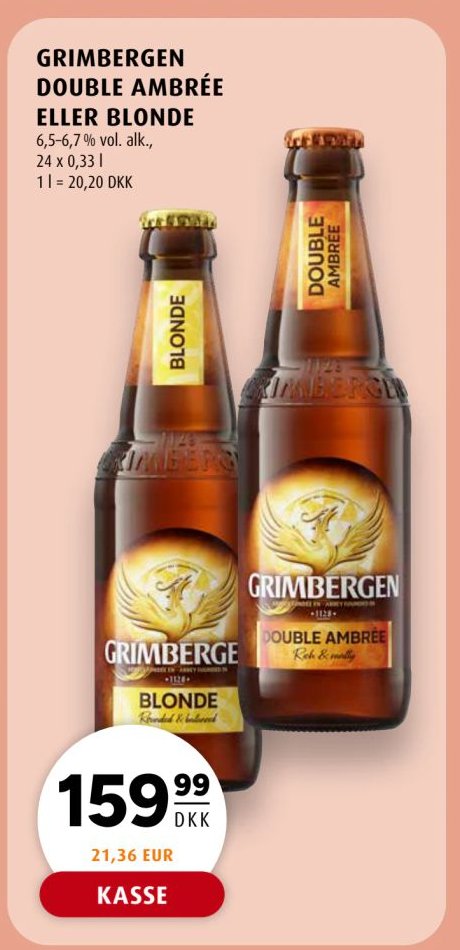 GRIMBERGEN DOUBLE AMBRÉE eller BLONDE 6,5% vol. alk., 4 x 0,33 l – Scandinavian Park