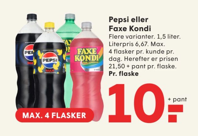 Pepsi eller Faxe Kondi Flere varianter, 1,5 liter – Spar