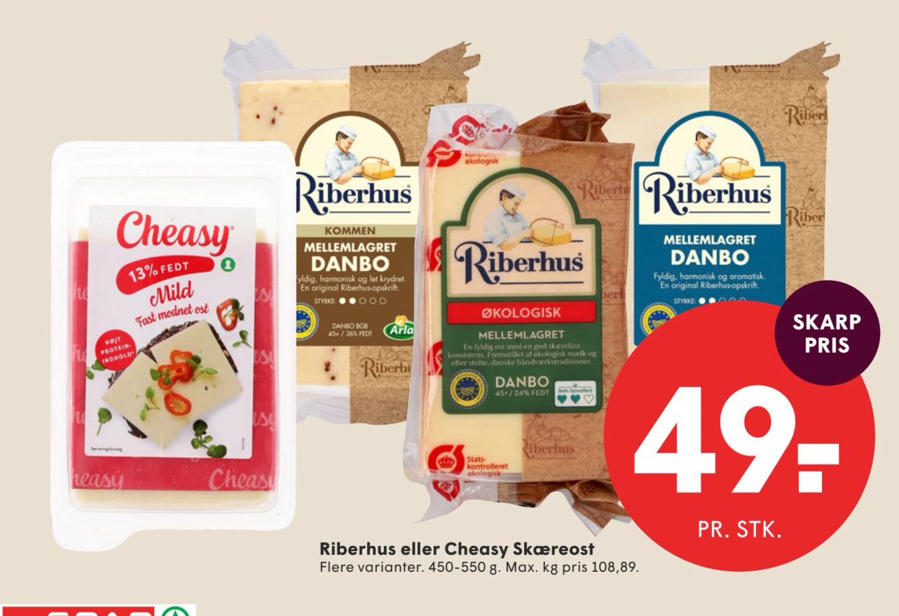 Riberhus eller Cheasy Skæreost Flere varianter. 450-550 g – Spar
