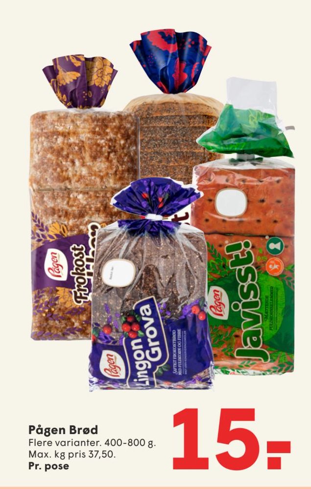 Pågen Brød Flere varianter. 400-800 g. Max. kg pris 37,50. – Spar