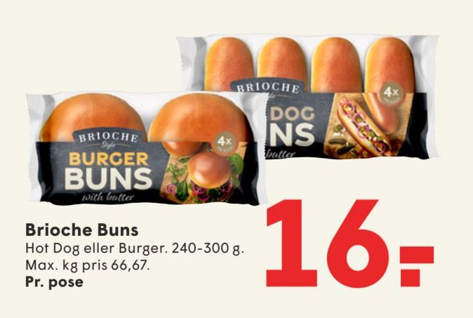 Brioche Buns Hot Dog eller Burger. 240-300 g. Max. kg pris 66,67. Pr. pose – Spar