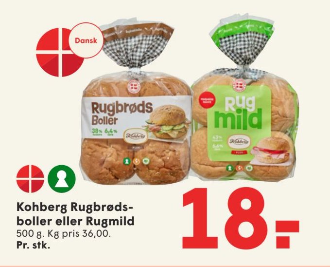 Kohberg Rugbrødsboller eller Rugmild 500 g. Kg pris 36,00. Pr. stk. – Spar
