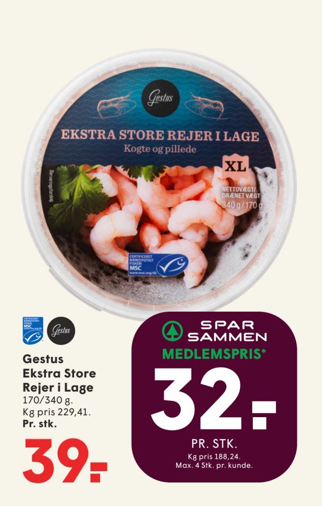 Gestus Ekstra Store Rejer i Lage 170/340 g. Kg pris 29,41. Pr. stk. – Spar