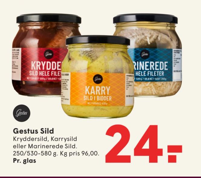 Gestus Sild Kryddersild, Karrysild eller Marinerede Sild. 250/530-580 g. Kg pris 96,00. Pr. glas – Spar