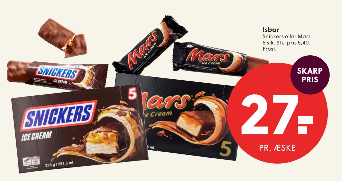 Isbar Snickers eller Mars. 5 stk. Stk. pris 5,40. Frost. – Spar