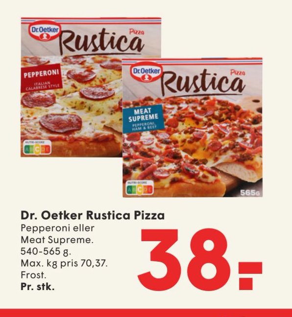 Dr. Oetker Rustica Pizza Pepperoni eller Meat Supreme. 540-565 g. Max. kg pris 70,37. Frost. – Spar