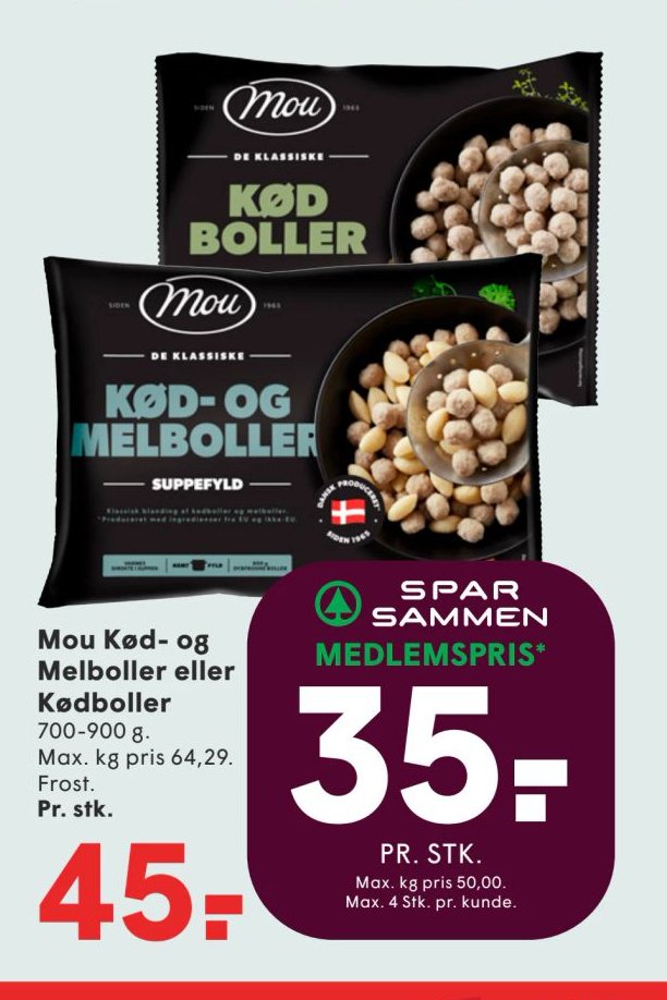 Mou Kød- og Melboller eller Kødboller 700-900 g. Alm. pris 45 kr. – Spar