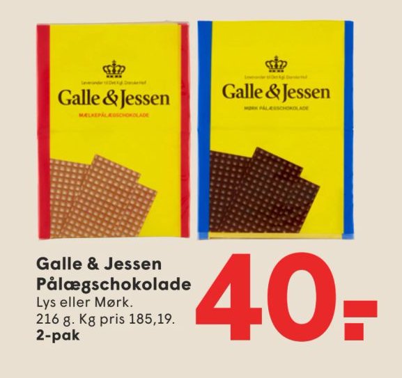 Galle & Jessen Pålægschokolade Lys eller Mørk. 216 g. 2-pak – Spar