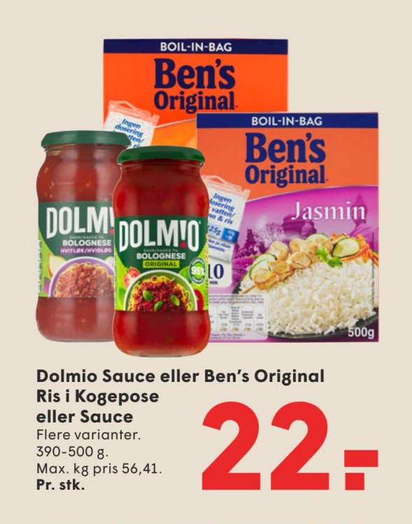 Dolmio Sauce eller Ben's Original Ris i Kogepose eller Sauce Flere varianter. 390-500 g. Pr. stk. – Spar