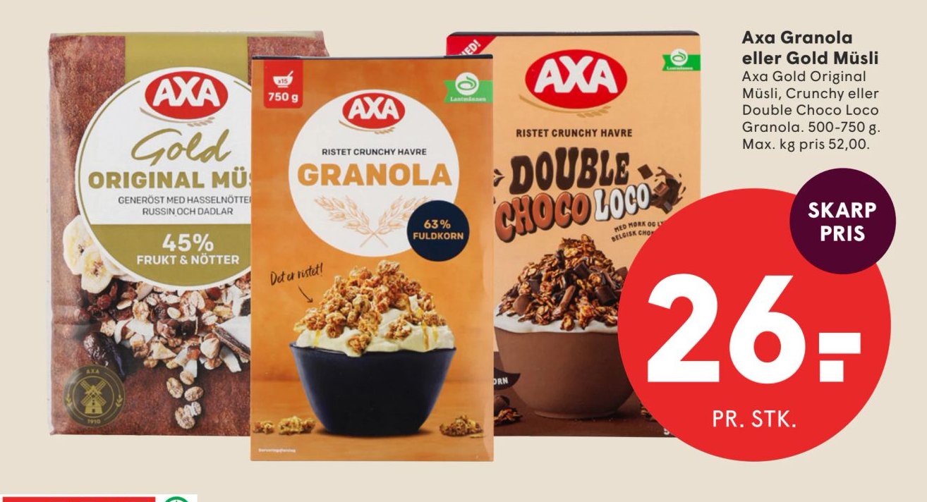 Axa Granola eller Gold Müsli Axa Gold Original Müsli, Crunchy eller Double Choco Loco Granola. 500-750 g. Pr. stk. – Spar