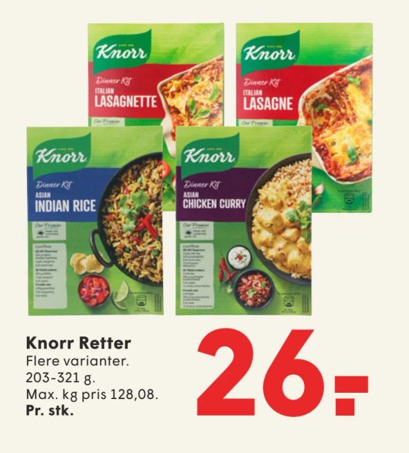 Knorr Retter Flere varianter. 203-321 g. Max. kg pris 128,08. Pr. stk. – Spar