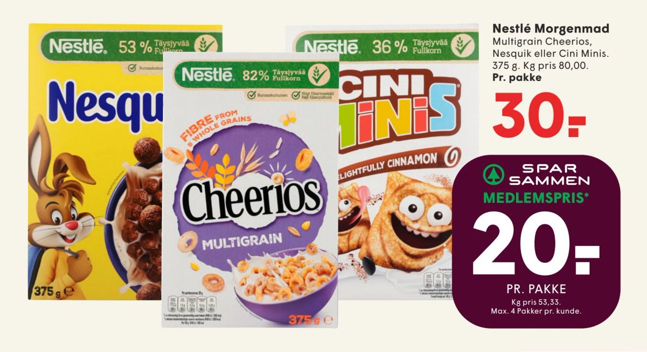 Nestlé Morgenmad Multigrain Cheerios, Nesquik eller Cini Minis. 375 g. Kg pris 80,00. Pr. pakke – Spar