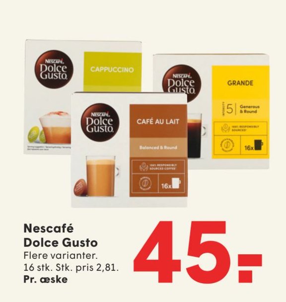 Nescafé Dolce Gusto Flere varianter. 16 stk. Stk. pris 2,81. Pr. æske – Spar