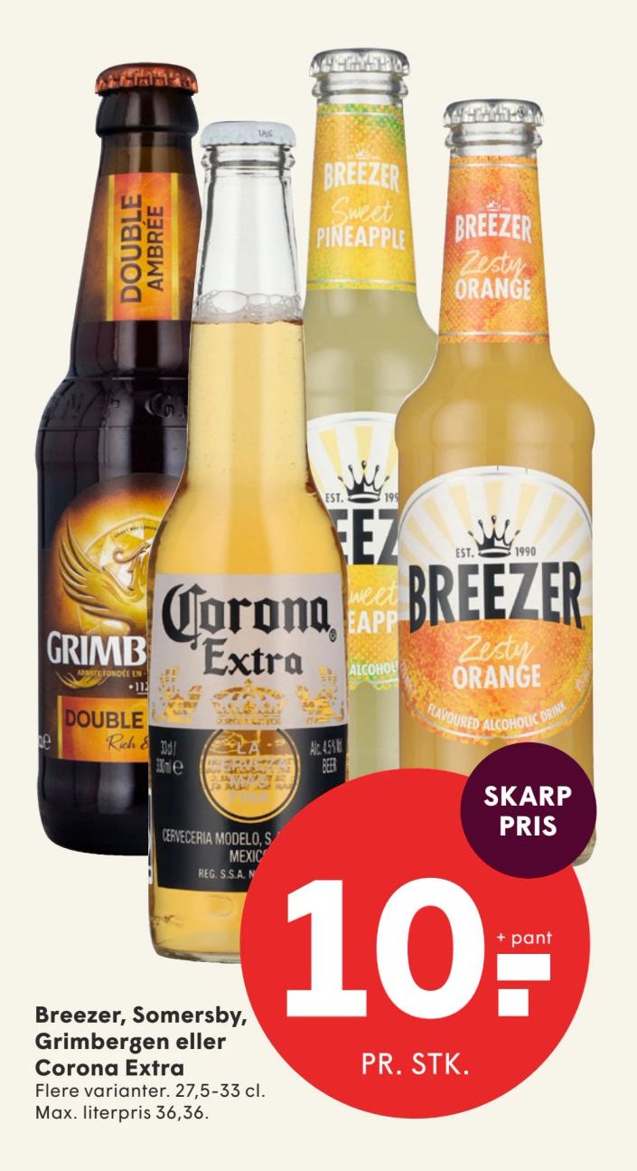 Breezer, Somersby, Grimbergen eller Corona Extra Flere varianter. 27,5-33 cl. Max. literpris 36,36. – Spar