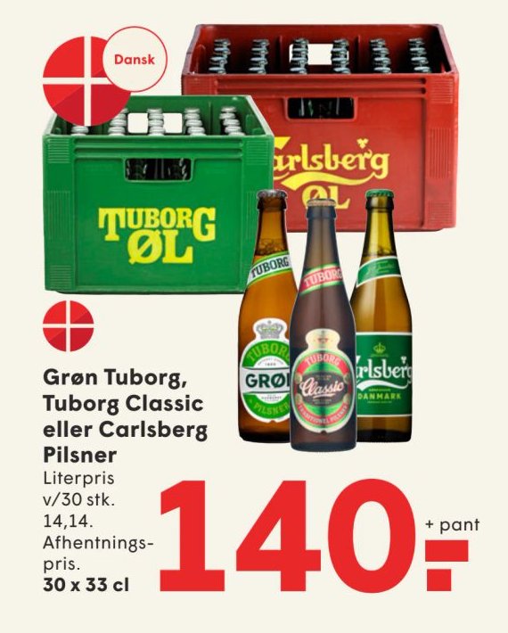 Grøn Tuborg, Tuborg Classic eller Carlsberg Pilsner Literpris v/30 stk. 14,14. Afhentningspris 30 x 33 cl – Spar