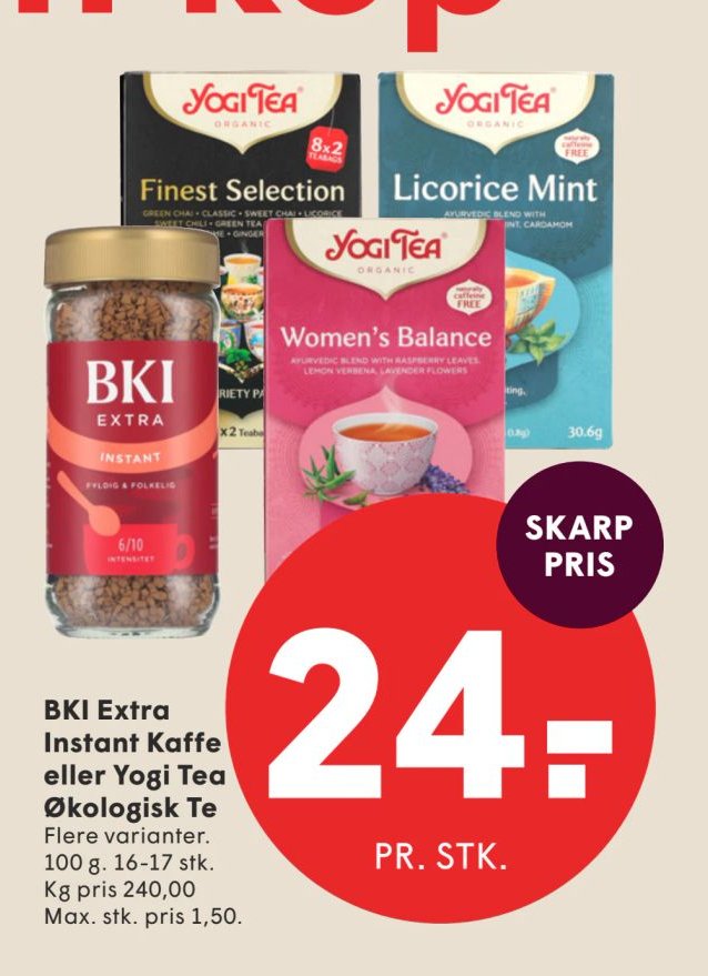 BKI Extra Instant Kaffe eller Yogi Tea Økologisk Te Flere varianter. 100 g. 16-17 stk. – Spar