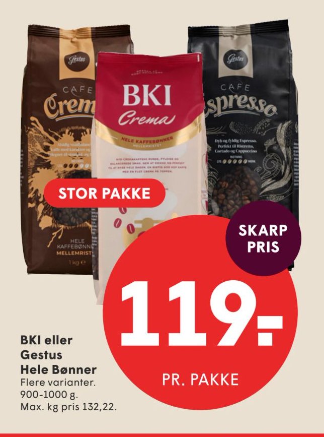 BKI eller Gestus Hele Bønner Flere varianter. 900-1000 g. – Spar