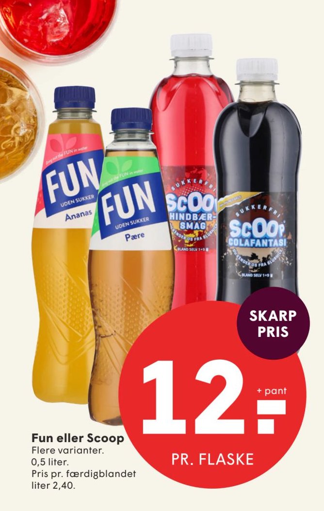 Fun eller Scoop Flere varianter. 0,5 liter. Pris pr. færdigblandet liter 2,40. – Spar