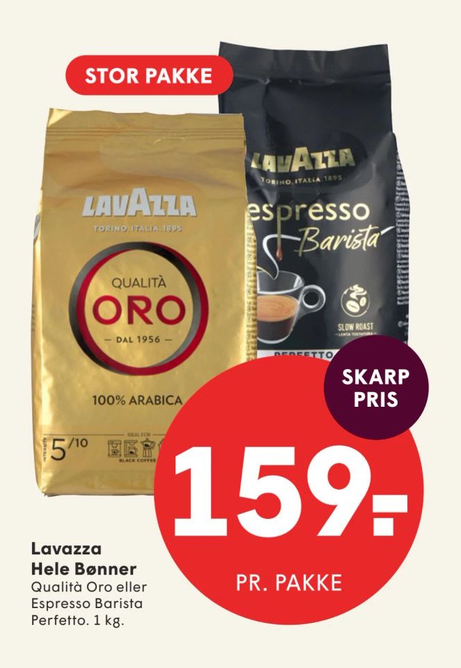 Lavazza Hele Bønner Qualità Oro eller Espresso Barista Perfetto. 1 kg. – Spar