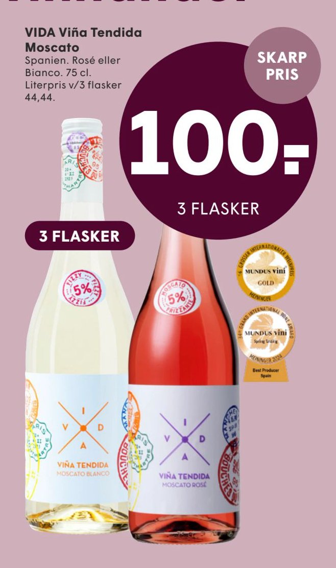 VIDA Viña Tendida Moscato Blanco, Rosé eller Tinto 3 flasker 3 x 75 cl – Spar