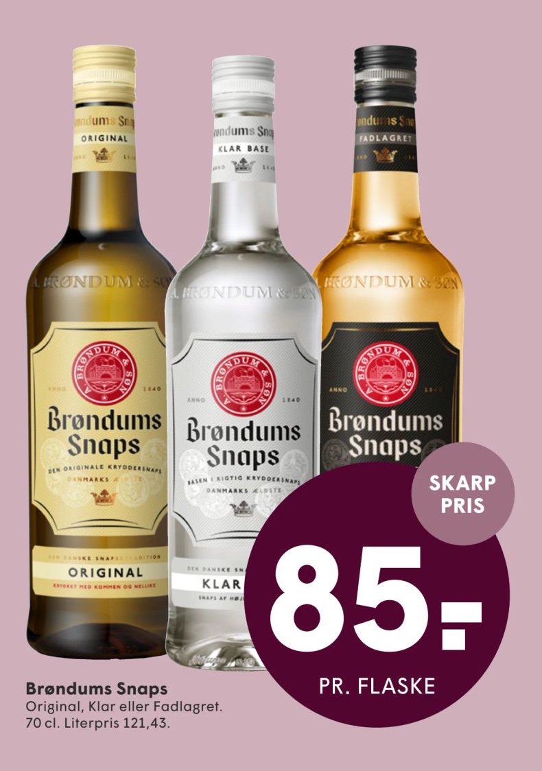 Brøndums Snaps Original, Klar eller Fadlagret. 70 cl. Literpris 121,43. – Spar