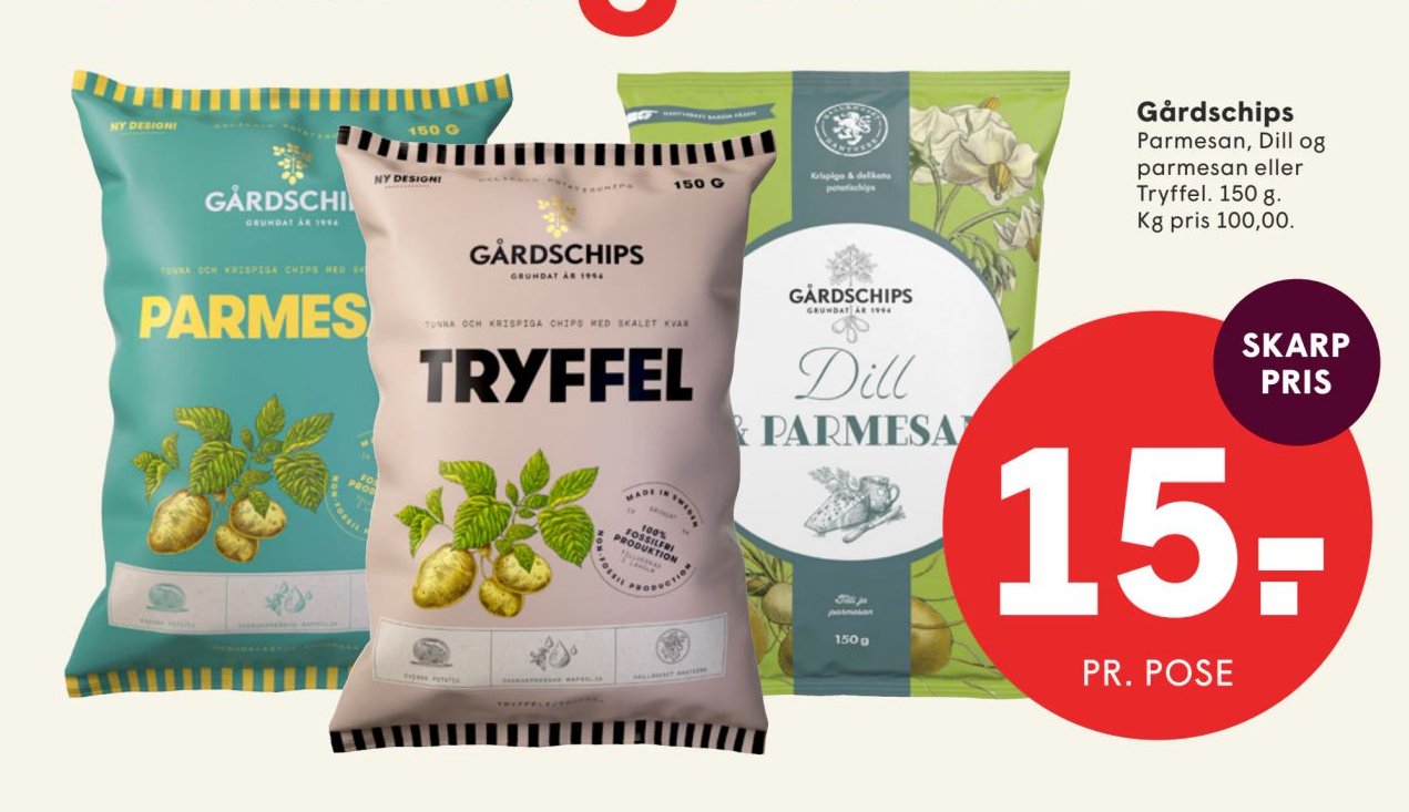 Gårdschips Parmesan, Dill og parmesan eller Tryffel. 150 g. – Spar