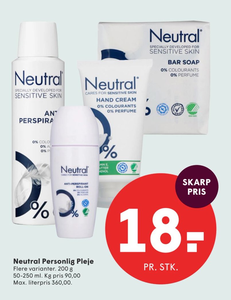 Neutral Personlig Pleje Flere varianter. 200 g 50-250 ml. Kg pris 90,00 Max. literpris 360,00. – Spar