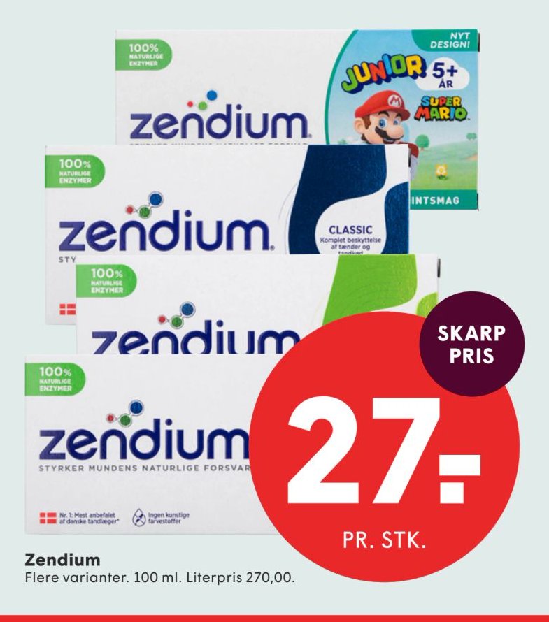 Zendium Flere varianter. 100 ml. Literpris 270,00. – Spar