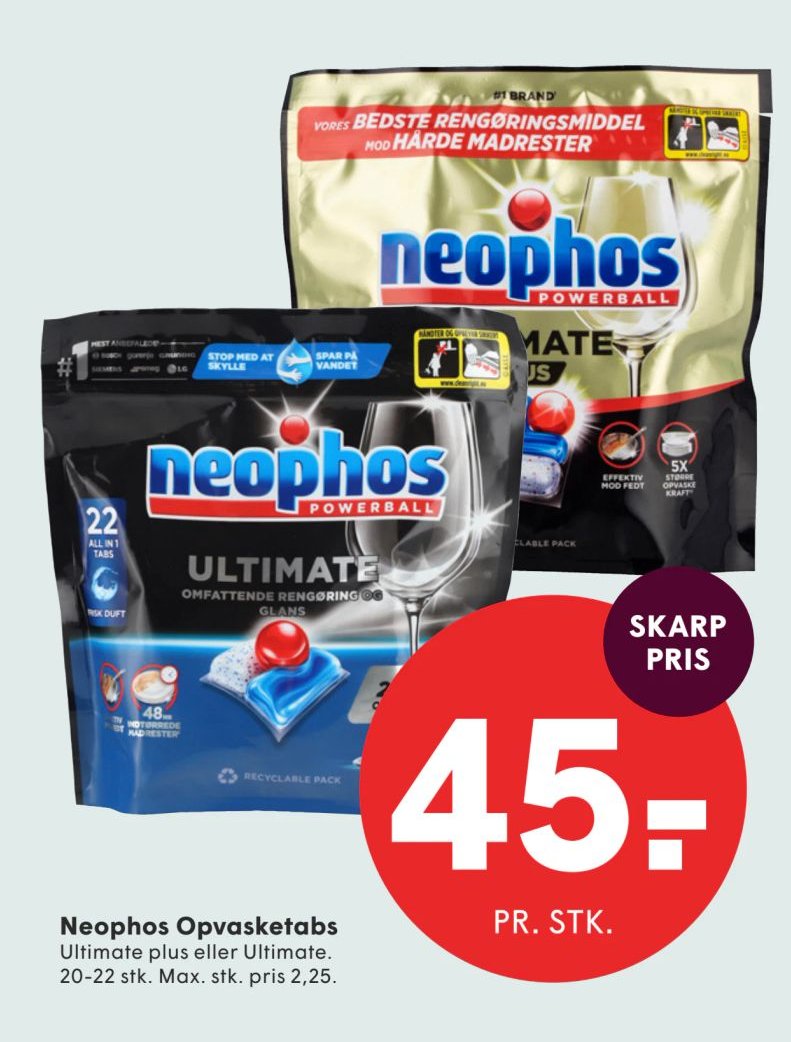 Neophos Opvasketabs Ultimate plus eller Ultimate. 20-22 stk. Max. stk. pris 2,25. – Spar