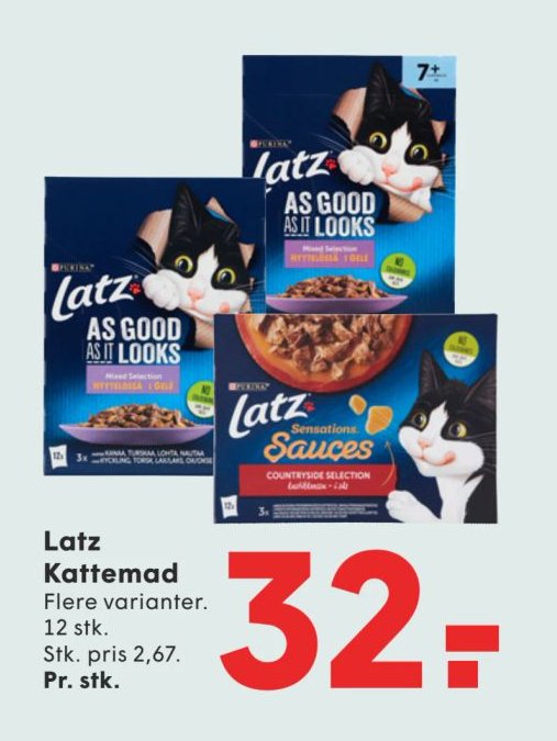 Latz Kattemad Flere varianter. 12 stk. Stk. pris 2,67. Pr. stk. – Spar