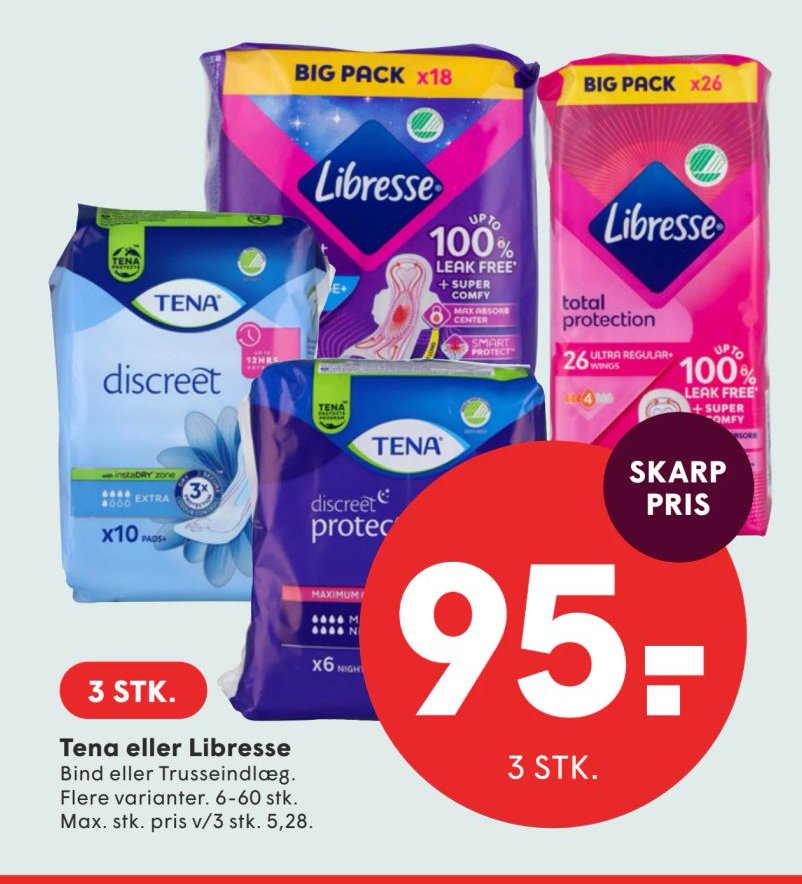 Tena eller Libresse Bind eller Trusseindlæg. Flere varianter. 6-60 stk. Max. stk. pris v/3 stk. 5,28. – Spar