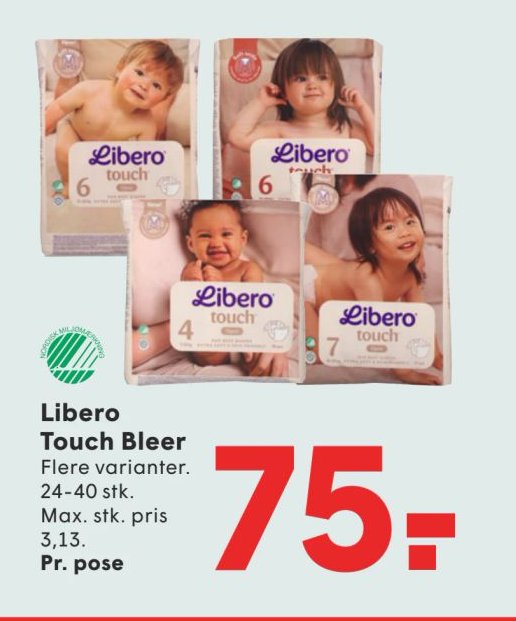 Libero Touch Bleer Flere varianter. 24-40 stk. Max. stk. pris 3,13. Pr. pose – Spar