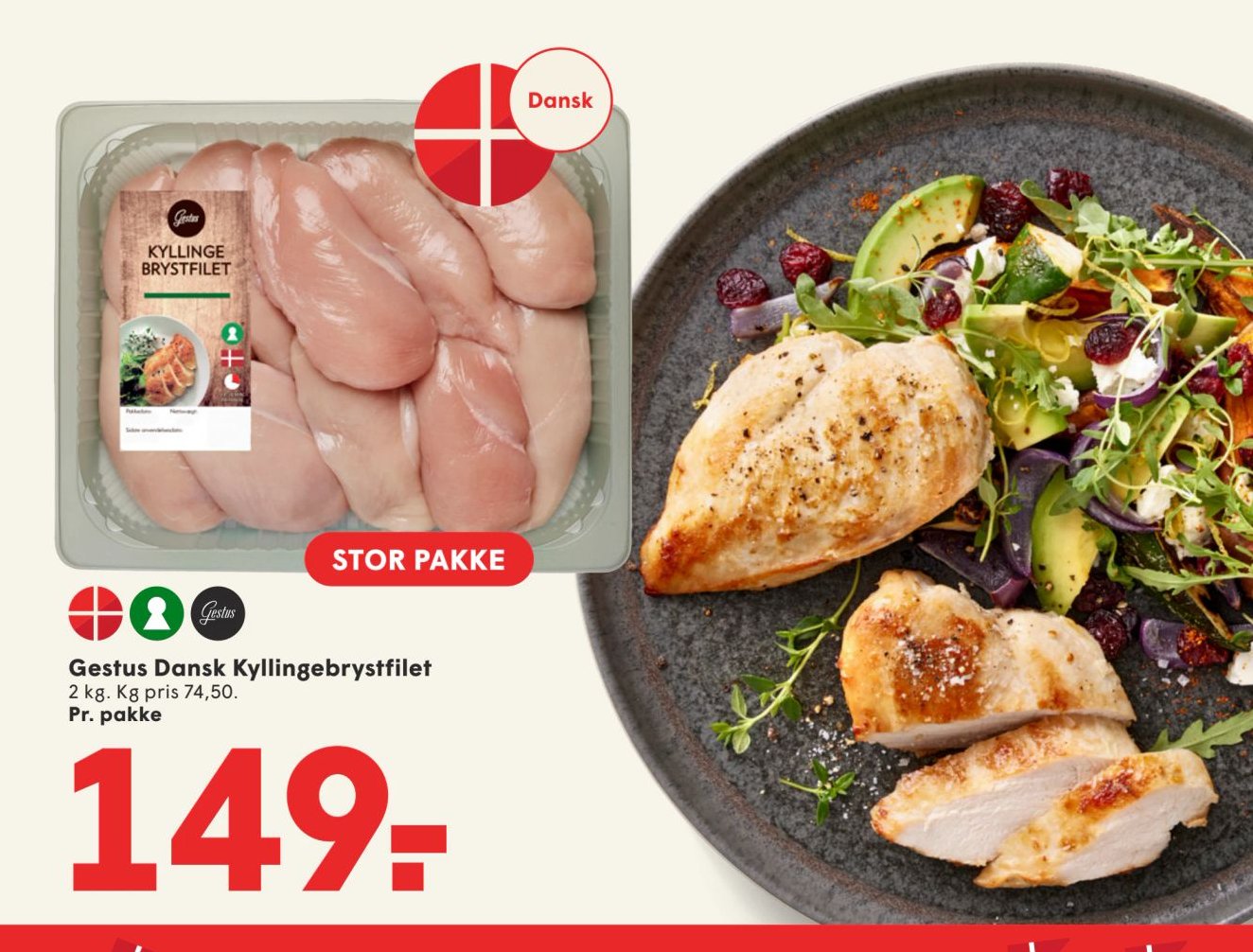 Gestus Dansk Kyllingebrystfilet 2 kg. Kg pris 74,50. Pr. pakke – Spar