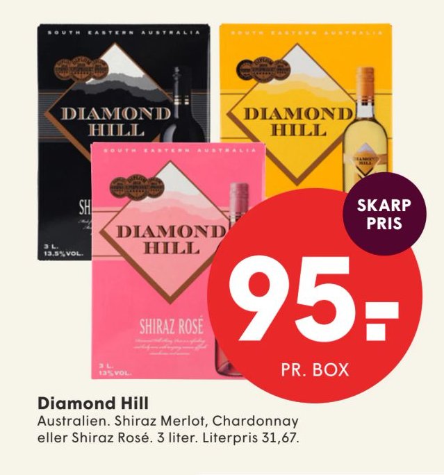 Diamond Hill Australien. Shiraz Merlot, Chardonnay eller Shiraz Rosé. 3 liter. – Spar