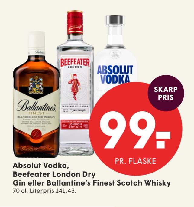 Absolut Vodka, Beefeater London Dry Gin eller Ballantine's Finest Scotch Whisky 70 cl. – Spar