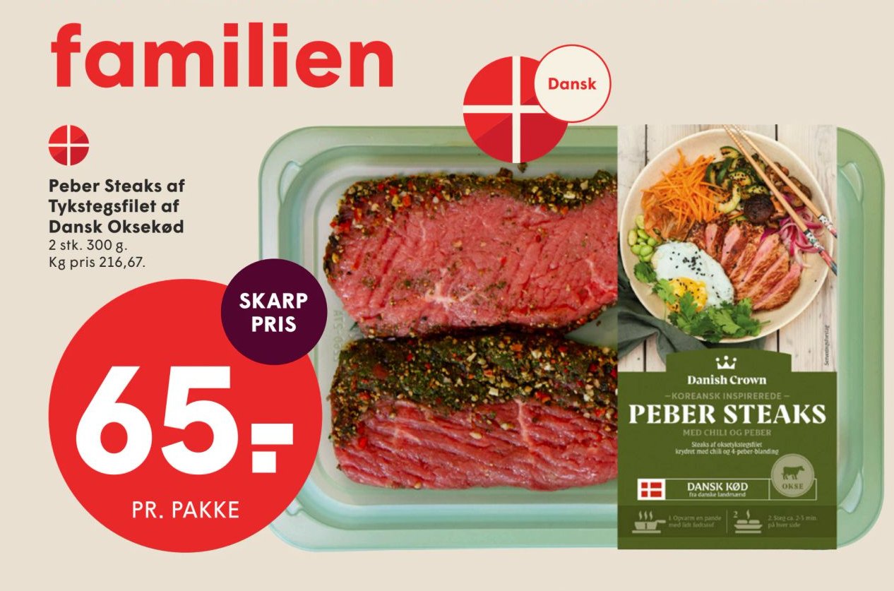 Peber steaks af Tykstegsfilet af Dansk Oksekød 2 stk. 300 g. – Spar