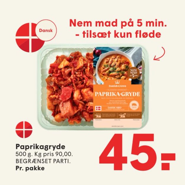 Paprikagryde 500 g. Kg pris 90,00. BEGRÆNSET PARTI. Pr. pakke – Spar