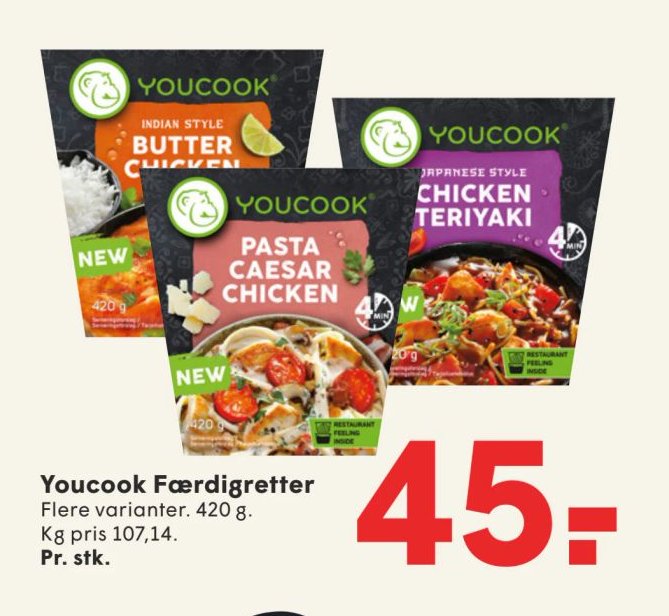 Youcook Færdigretter Flere varianter. 420 g. Kg pris 107,14. Pr. stk. – Spar