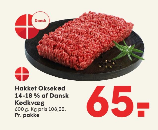 Hakket Oksekød 14-18 % af Dansk Kødkvæg 600 g. Kg pris 108,33. Pr. pakke – Spar