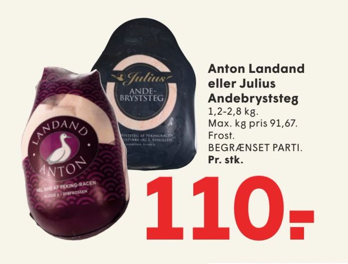 Anton Landand eller Julius Andebryststeg 1,2-2,8 kg. Max. kg pris 91,67. Frost. BEGRÆNSET PARTI. Pr. stk. – Spar