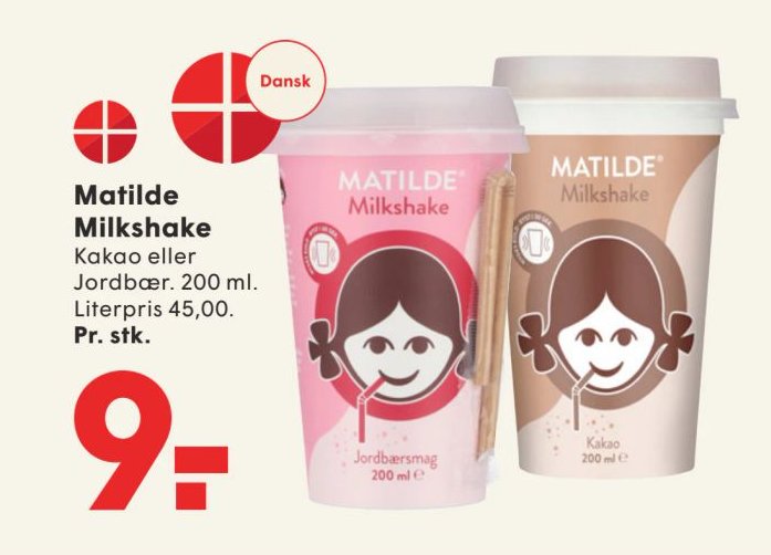 Matilde Milkshake Kakao eller Jordbær. 200 ml. Literpris 45,00. Pr. stk. – Spar