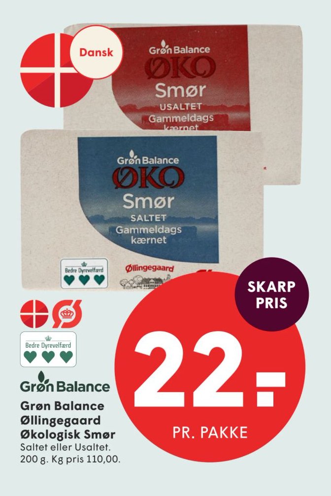 Grøn Balance Øllingegaard Økologisk Smør Saltet eller Usaltet. 200 g. – Spar