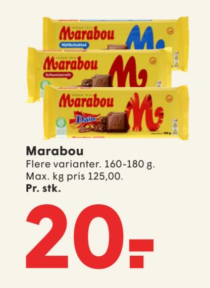 Marabou Flere varianter. 160-180 g. Max. kg pris 125,00. Pr. stk. – Spar